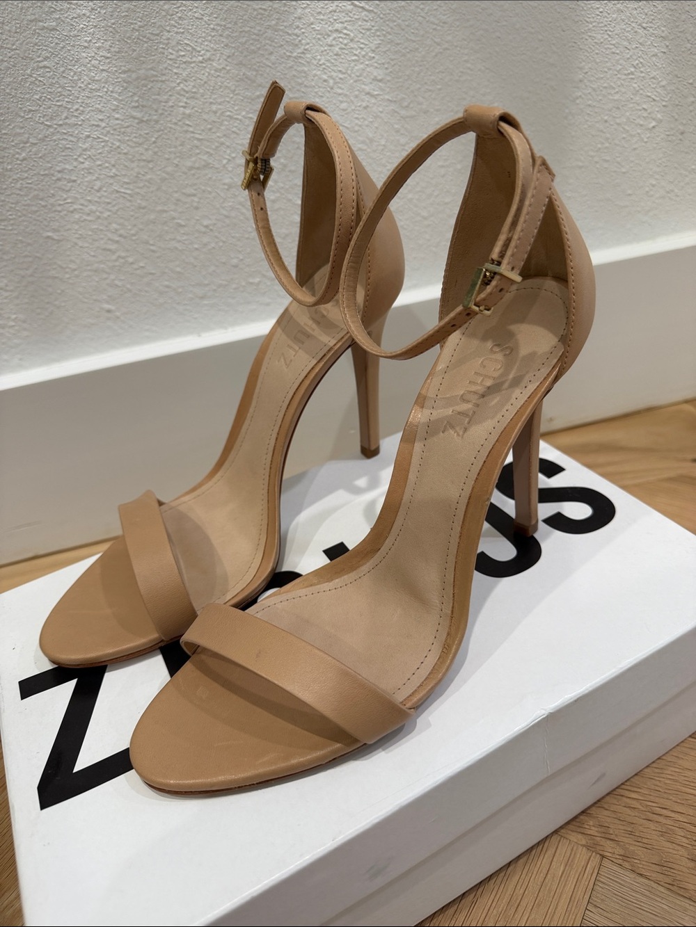 New SCHUTZ Cadey-Lee Nude Ankle-Strap Stiletto Heels - light wood